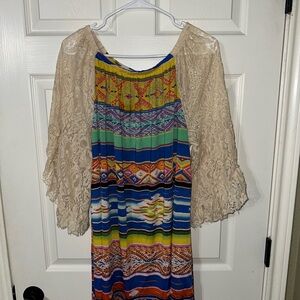 Colorful Patterned Blouse with Lace Sleeves